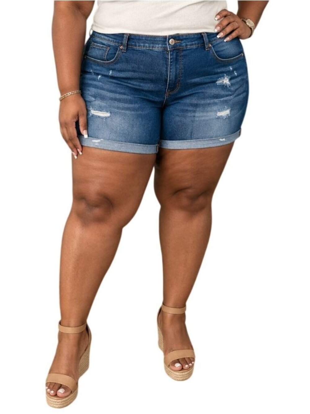 Terra Sky Size Plus Size 20W Shorts Distressed Denim Blue Mid-Rise Rolled Hem